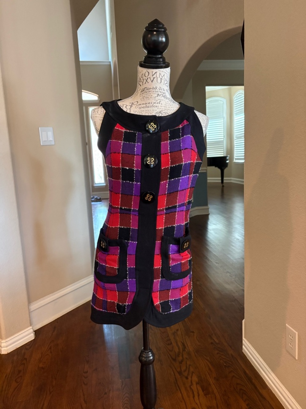 VINTAGE milly of new york Plaid Sleeveless Tunic Dress with Statement Buttons
